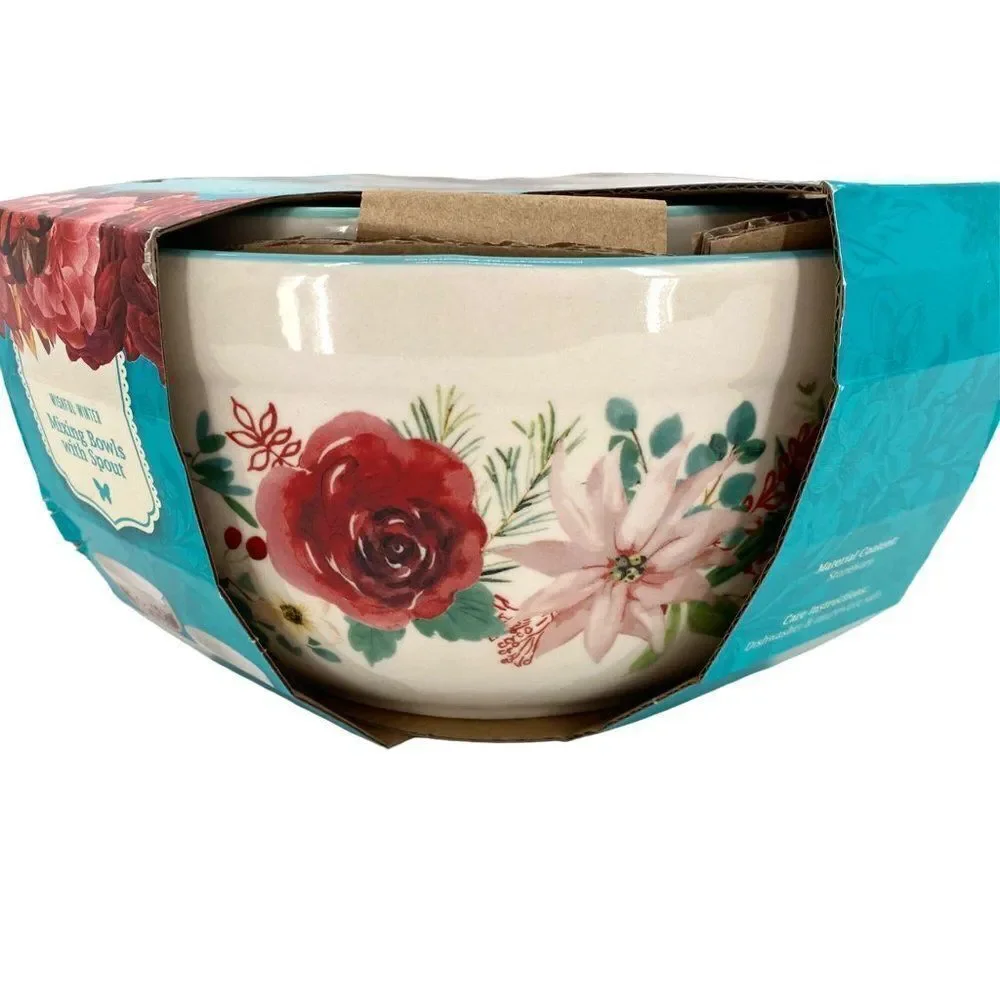 Pioneer Woman Wishful Winter Mixing Bowls With Spout Set New